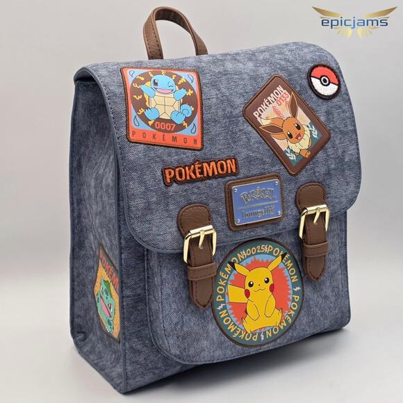 Loungefly Pokémon Pikachu Eevee Squirtle Patches Blue Denim Mini Backpack Bag - Picture 2 of 11